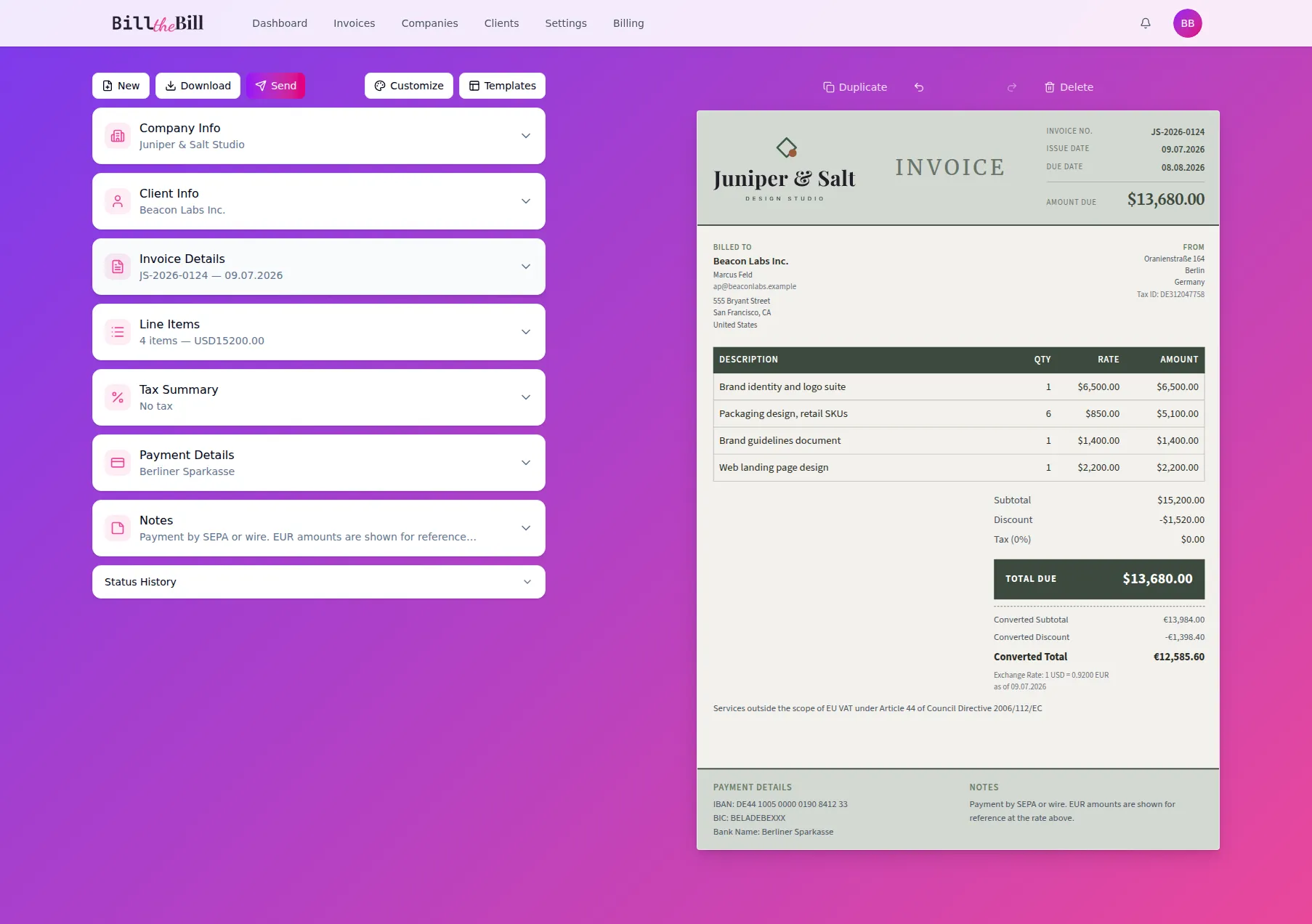 The real BillTheBill invoice editor